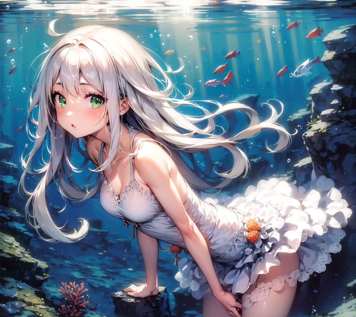 masterpiece, best quality, 1girl, solo, white hair, green eyes, long hair, underwater, dress, fish, coral, medium breasts,